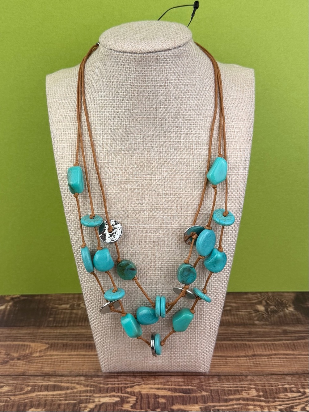 NWT Chico’s Turquoise Faux Stone & Silver Discs Multi-Strand Cord Necklace